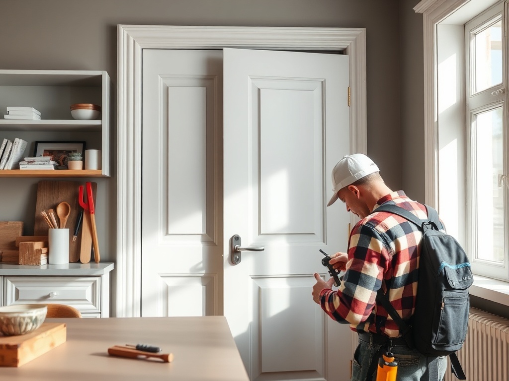 Человек в проверяющей рубашке смотрит на телефон перед закрытой белой дверью в уютной комнате.