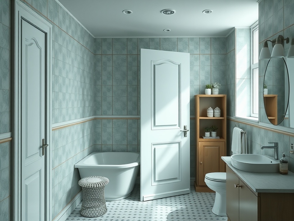 Современная ванная комната с ванной, умывальником и полкой для хранения, оформленная в светлых тонах.