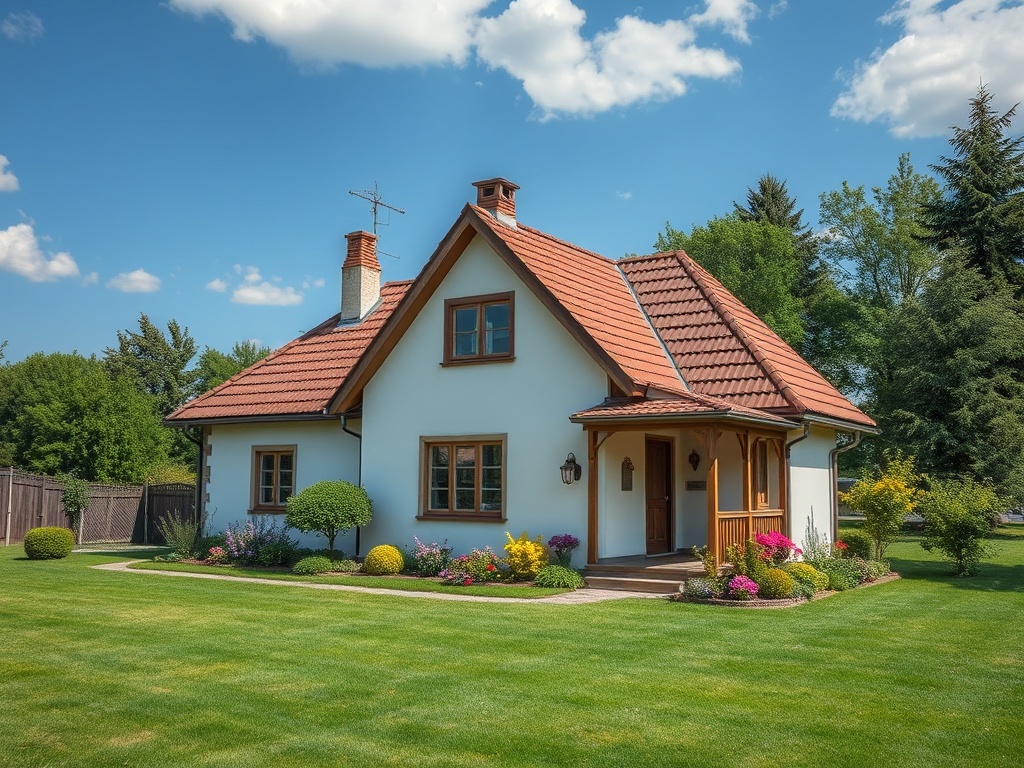 Современный дом с красной крышей, ухоженным садом и зелёным газоном на фоне голубого неба.