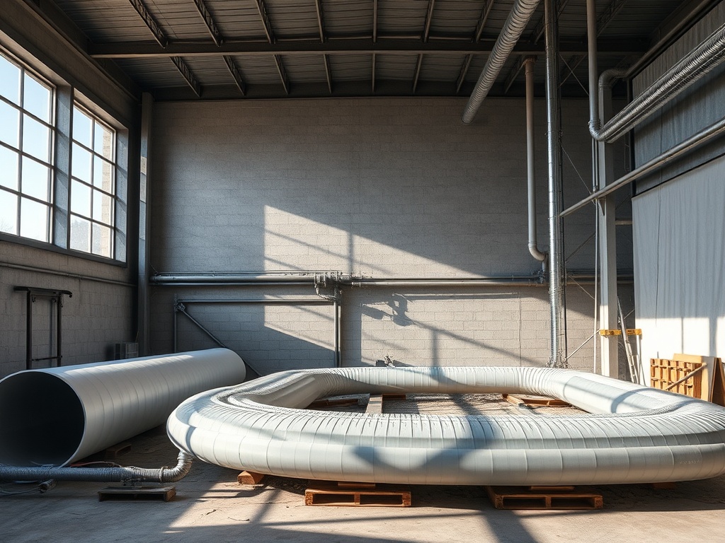 В пустом помещении находятся большие пластиковые трубы и трубопроводы при ярком солнечном свете.