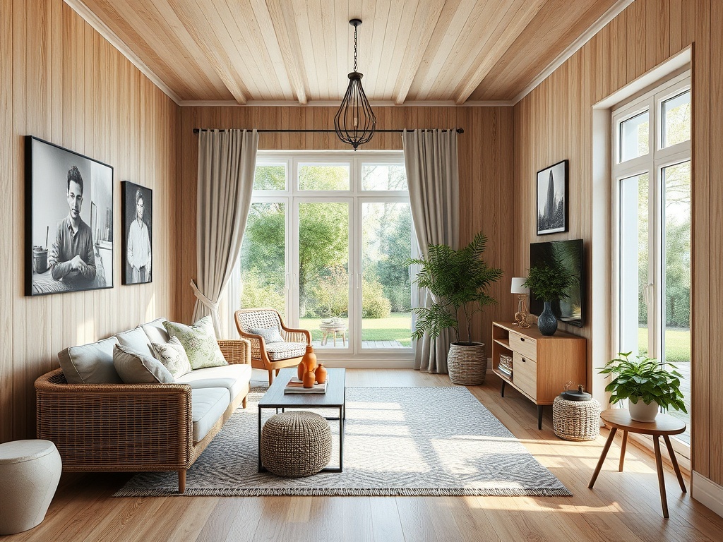 Светлая гостиная с деревянными стенами, уютной мебелью и большими окнами, открывающими вид на сад.