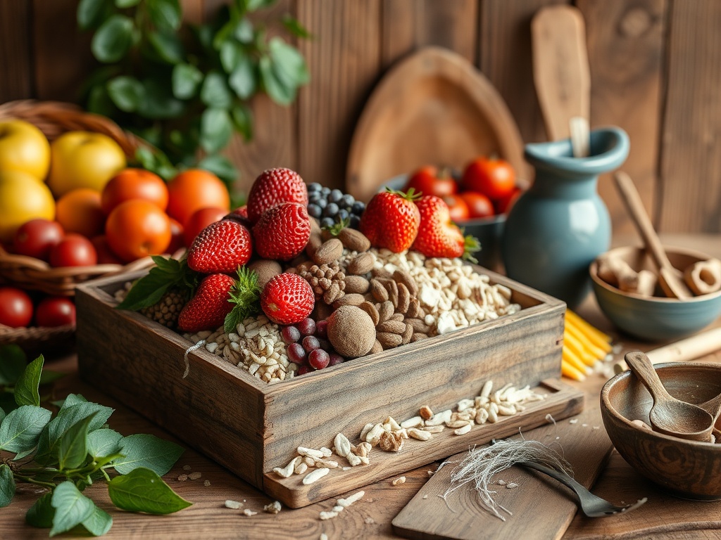 Коробка с ягодами, орехами и злаками на деревянном столе с фруктами и кухонными принадлежностями.