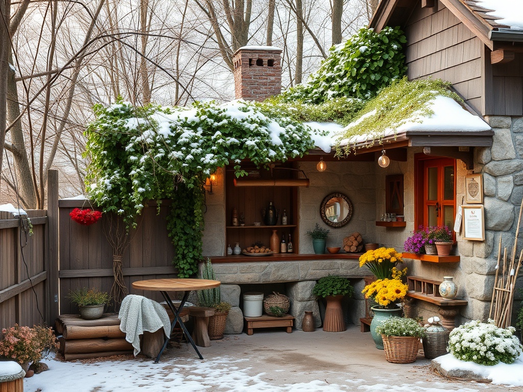Уютная веранда с каменной стеной, украшенная цветами и зеленью, покрыта снежным покровом.