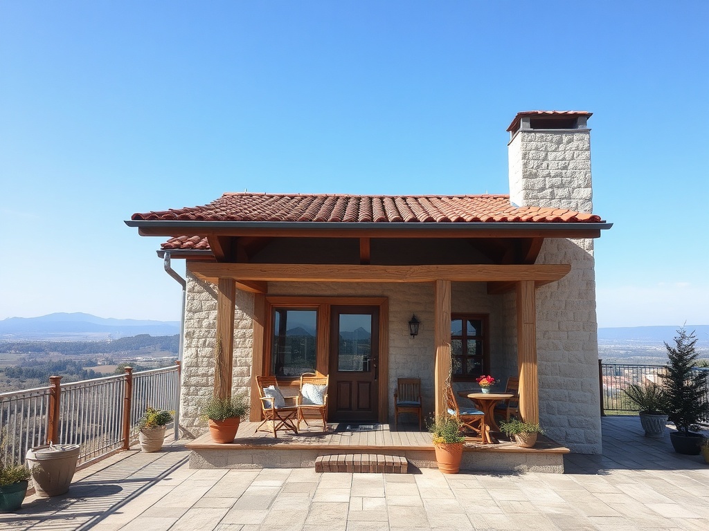 Современный дом с лежаками и столом под навесом, с видом на горы и голубое небо.