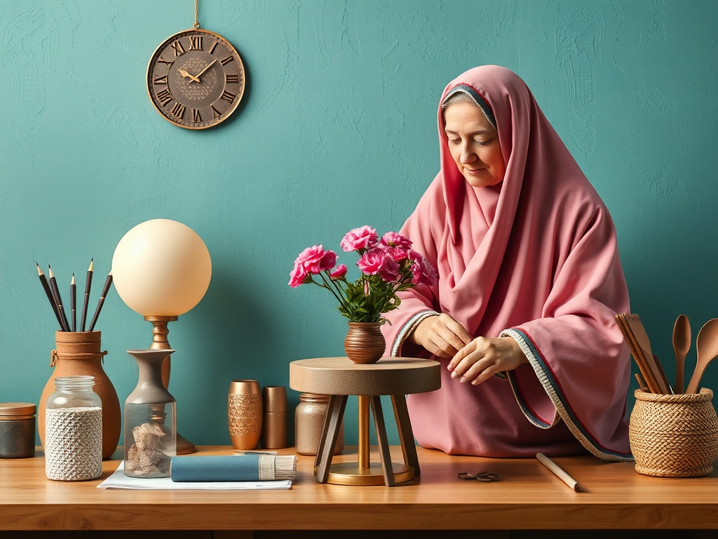 На столе женщина в розовом платке собирает цветы в вазе, окруженная предметами для творчества.