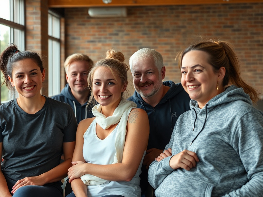 Группа из пяти улыбающихся людей, сидящих вместе в уютном помещении с кирпичными стенами.