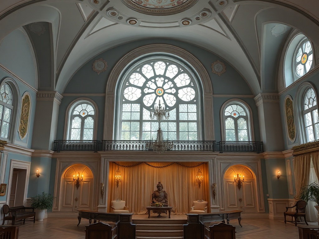 Великий зал с высокими окнами, элегантной мебелью и статуей на фоне золотистых светильников.