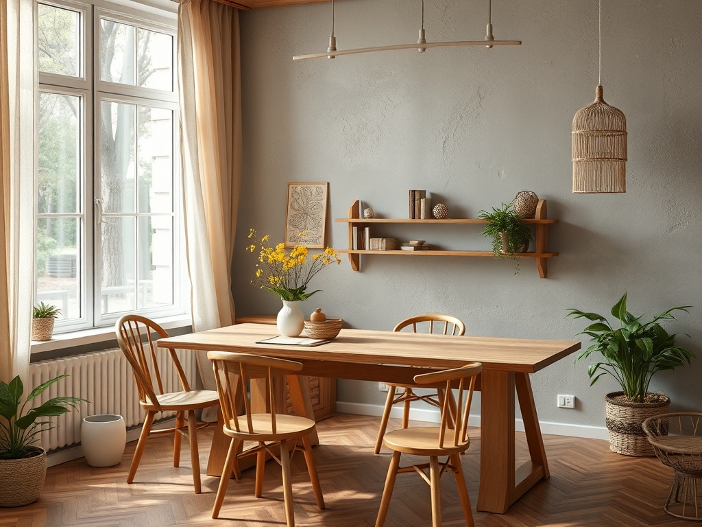 Уютная кухня с деревянным столом, стульями, цветами в вазе и растениями у окна. Светлые шторы и полы.