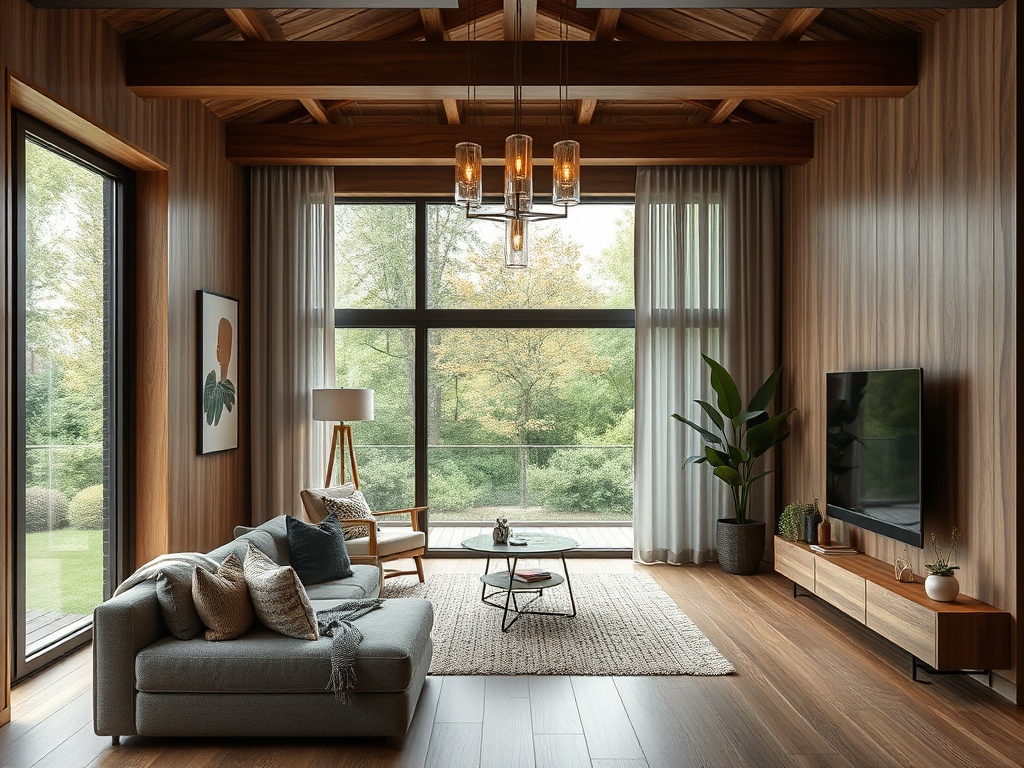 Современная гостиная с большими окнами, уютным диваном и природным декором, создающим атмосферу уюта.