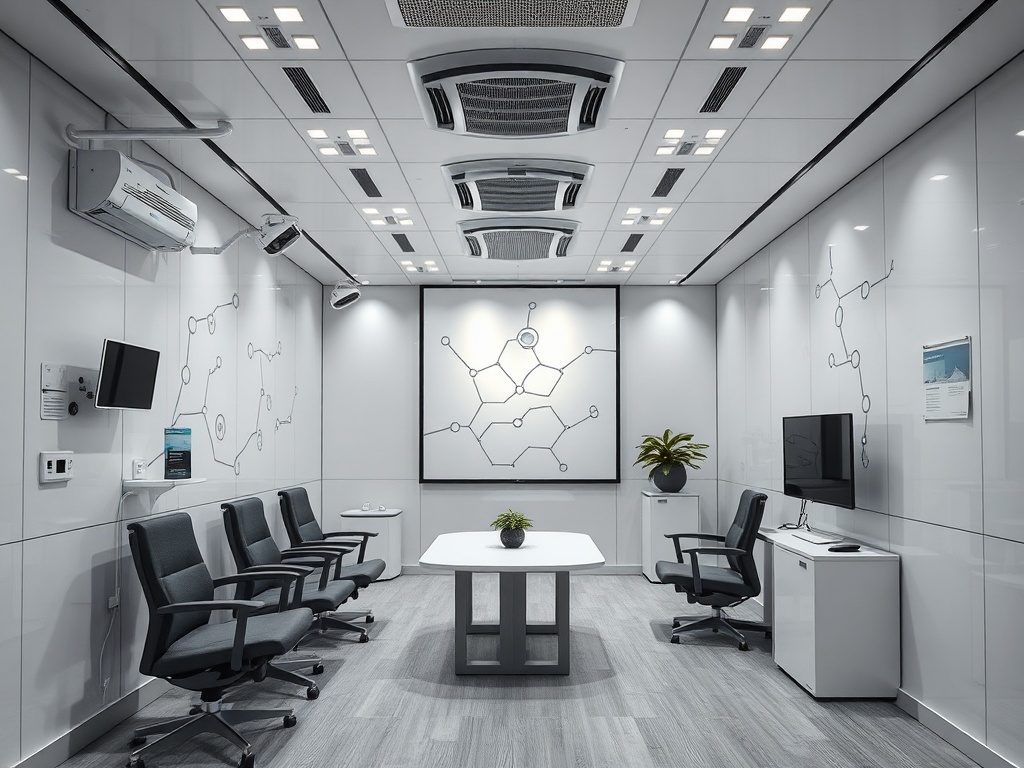 Современный офис с белыми стенами, стульями и телевизором, оформленный научными узорами.