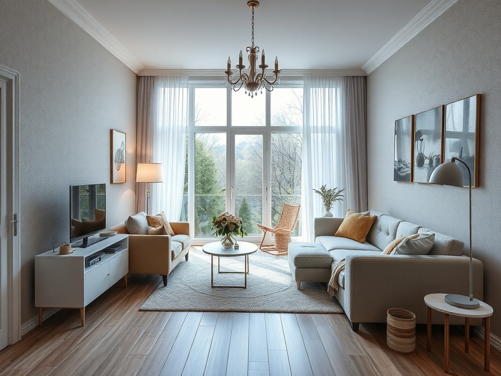 Современный светлый салон с удобной мебелью, большими окнами и уютными текстурами.