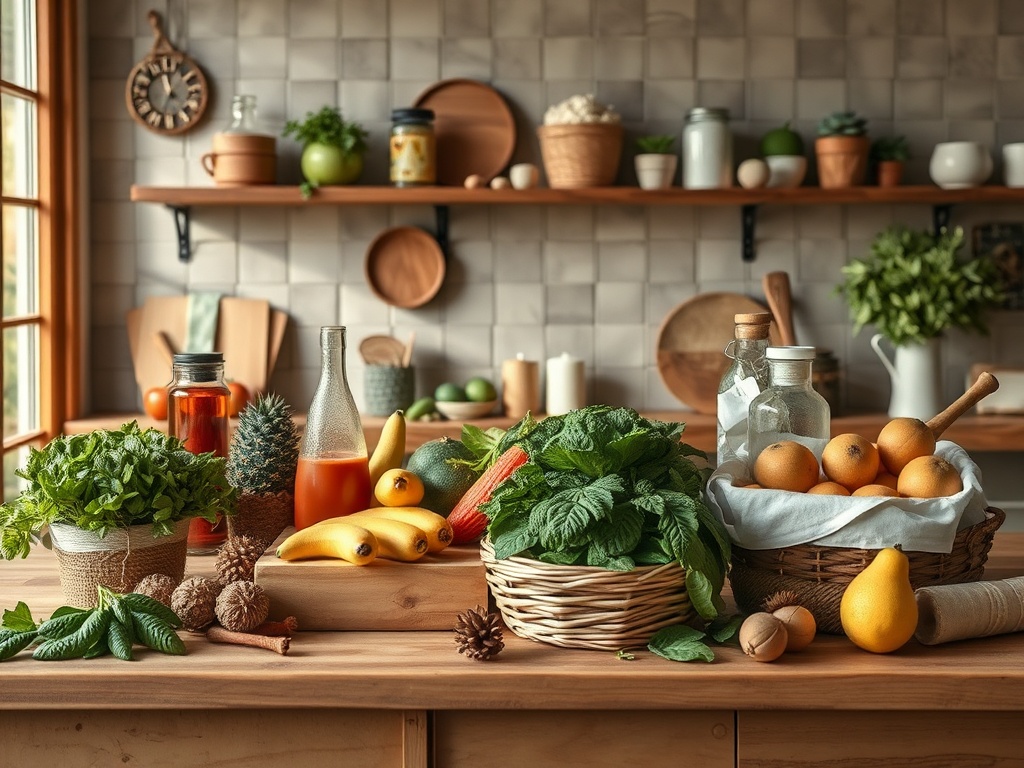 На столе расположены разнообразные овощи, фрукты и напитки, в уютной кухне с деревянными элементами.