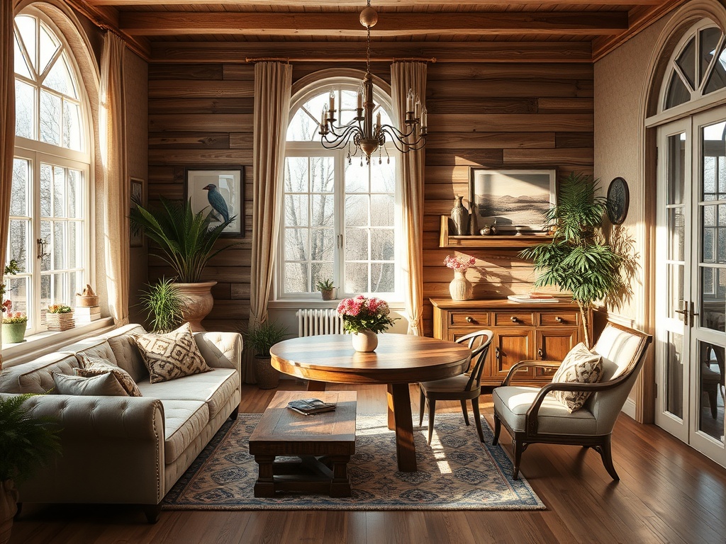 Светлая гостиная с деревянными стенами, уютной мебелью и большими окнами. В комнате много зелени и света.