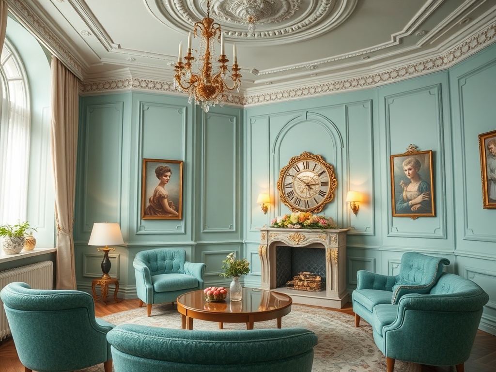 Уютная комната с голубыми стенами, картинами, камином и светлой мебелью, создающая атмосферу спокойствия.