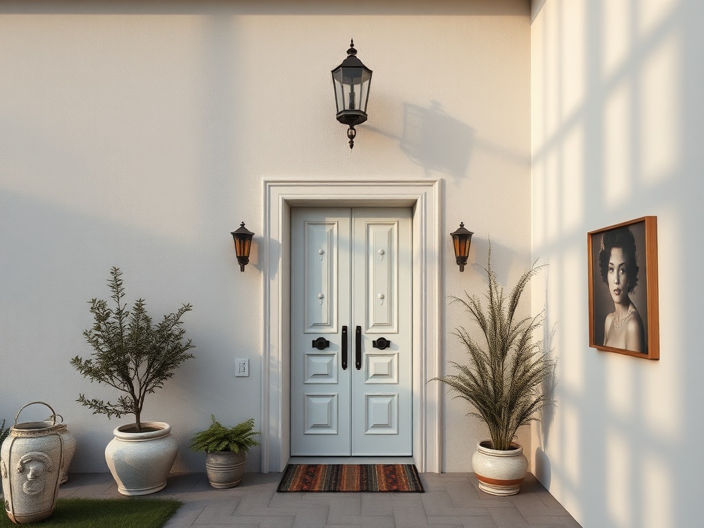 Белая дверь с двумя фонарями, рядом кашпо с растениями и картина на стене. Уютный вход в дом.