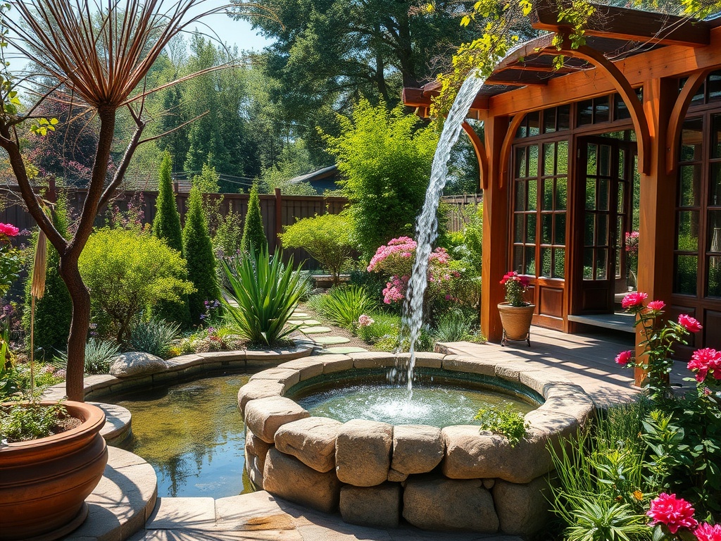 Красивый сад с фонтаном, цветами и зелеными растениями, создающий успокаивающую атмосферу.