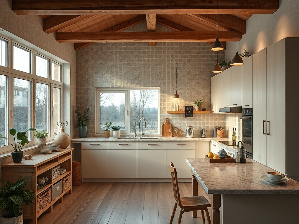 Современная кухня с деревянными потолками, светлыми шкафами и уютной обстановкой, много света и зелени.
