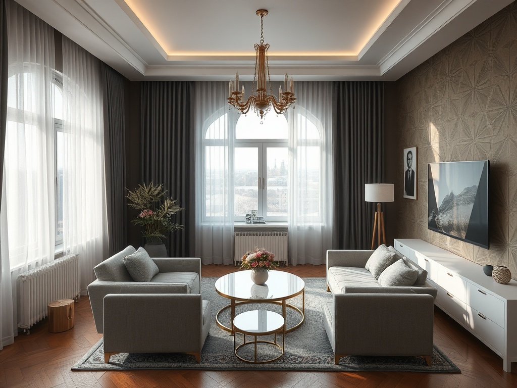 Современный интерьер комнаты с большими окнами, мягкой мебелью и стильной люстрой.