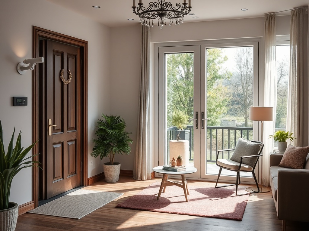 Светлая комната с входной дверью, зелеными растениями и мебелью, выходящей на балкон. Уютная атмосфера.