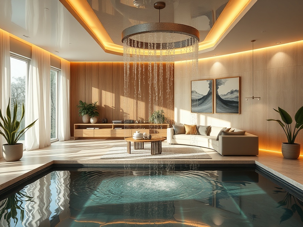 Современный интерьер с бассейном, светильниками и зелеными растениями, создающий атмосферу уюта и спокойствия.