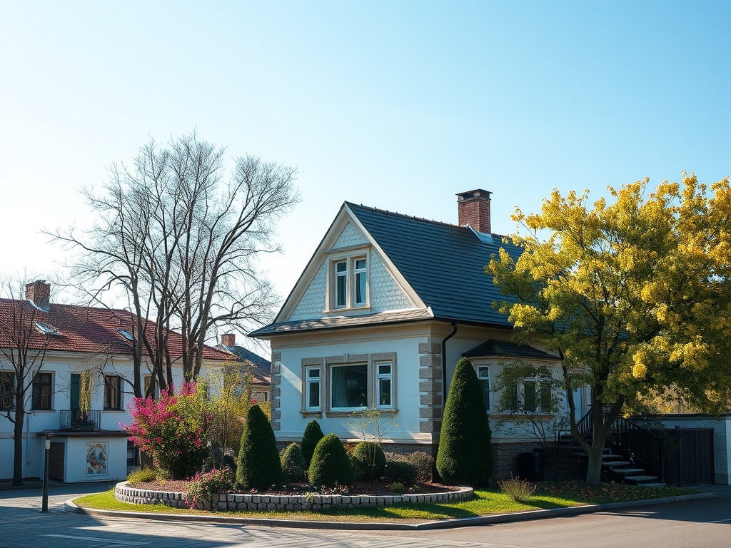 Современный дом с зелеными насаждениями и цветами на фоне чистого голубого неба.