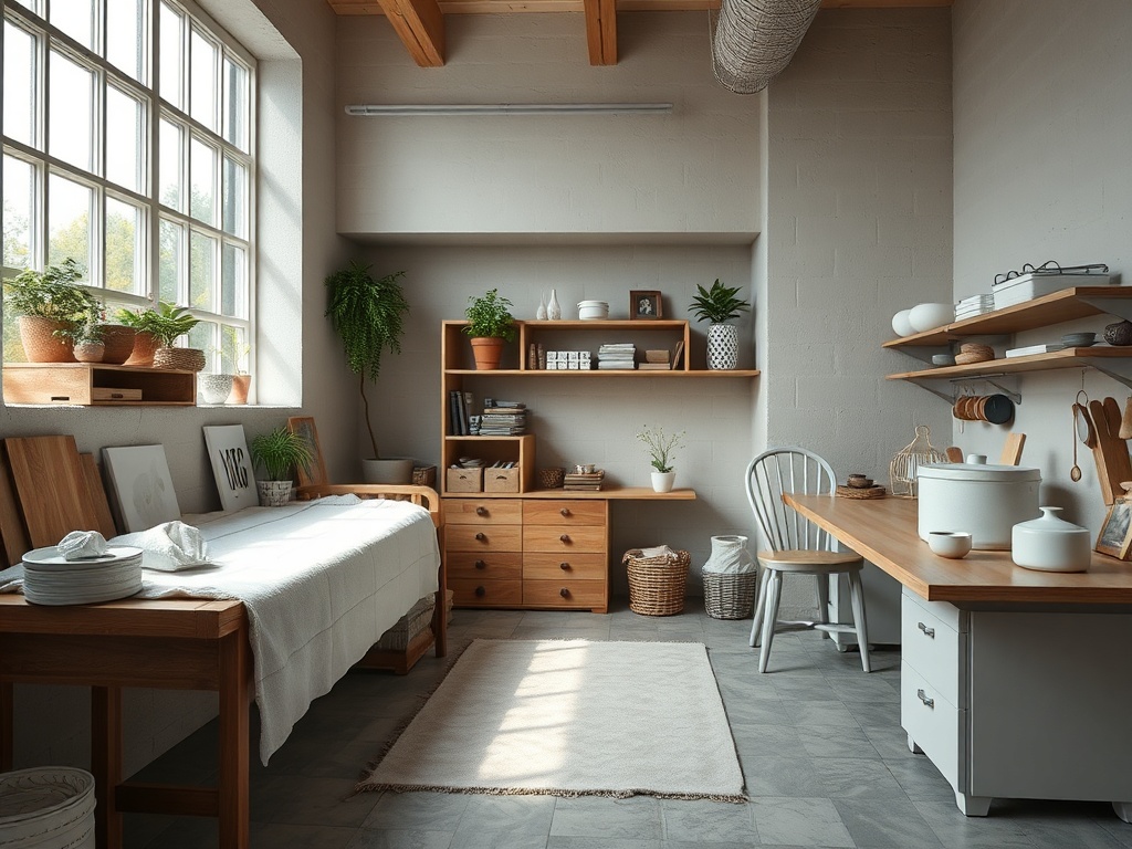 Уютная кухня с деревянной мебелью, растениями и светлыми тонами, создающими атмосферу домашнего тепла.