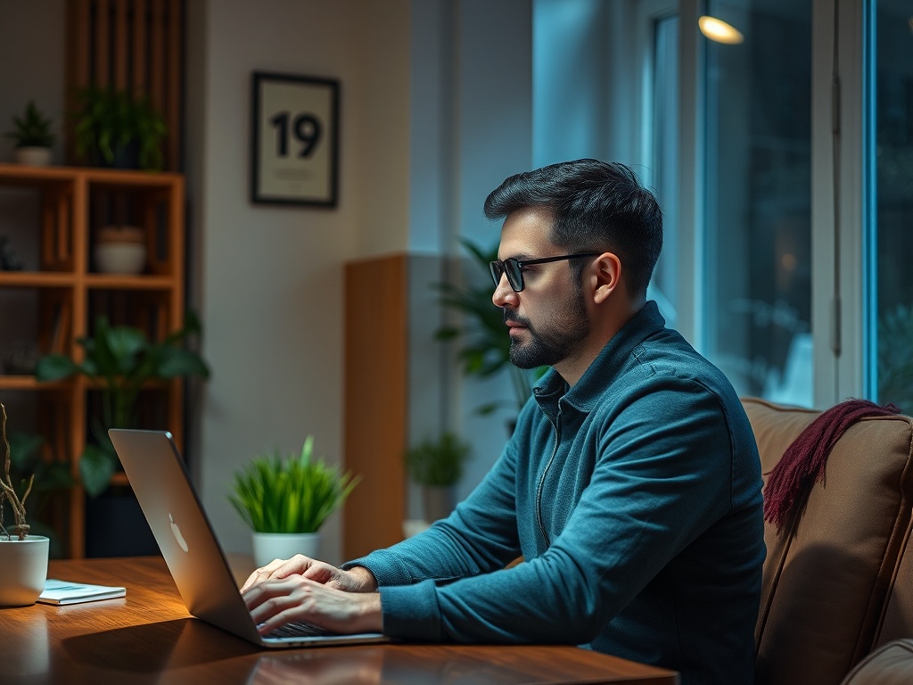 Молодой человек в очках работает за ноутбуком в уютном офисе с растениями на столе.